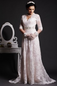 Bela - Lace 3/4 Sleeves A-line Floor-sweeping Wedding Dress with Beaded Sash