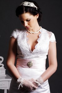 Ruby - Folded Pink Sash with Colorfully Beaded Embellishment on Front of Lace Bodice