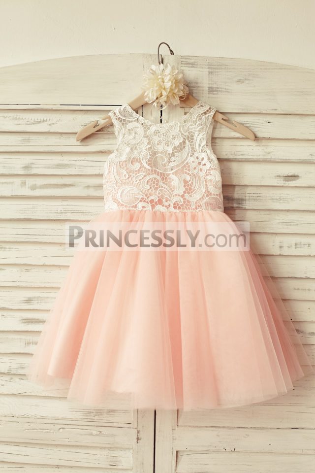 Ivory Lace Blush Pink Tulle Button Back Wedding Flower Girl Dress – Avivaly