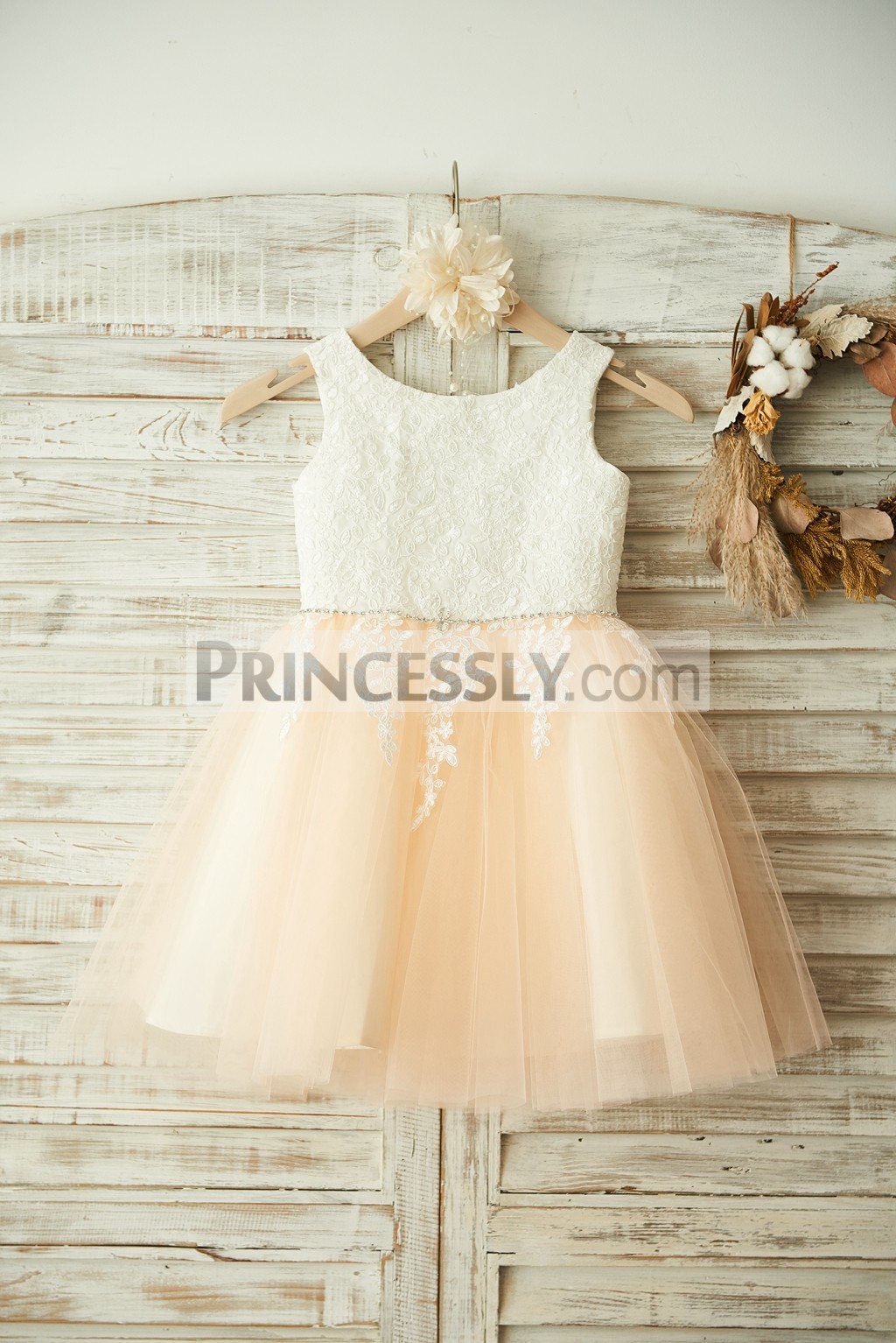 Ivory Lace Appliques Champagne Tulle Flower Girl Dress
