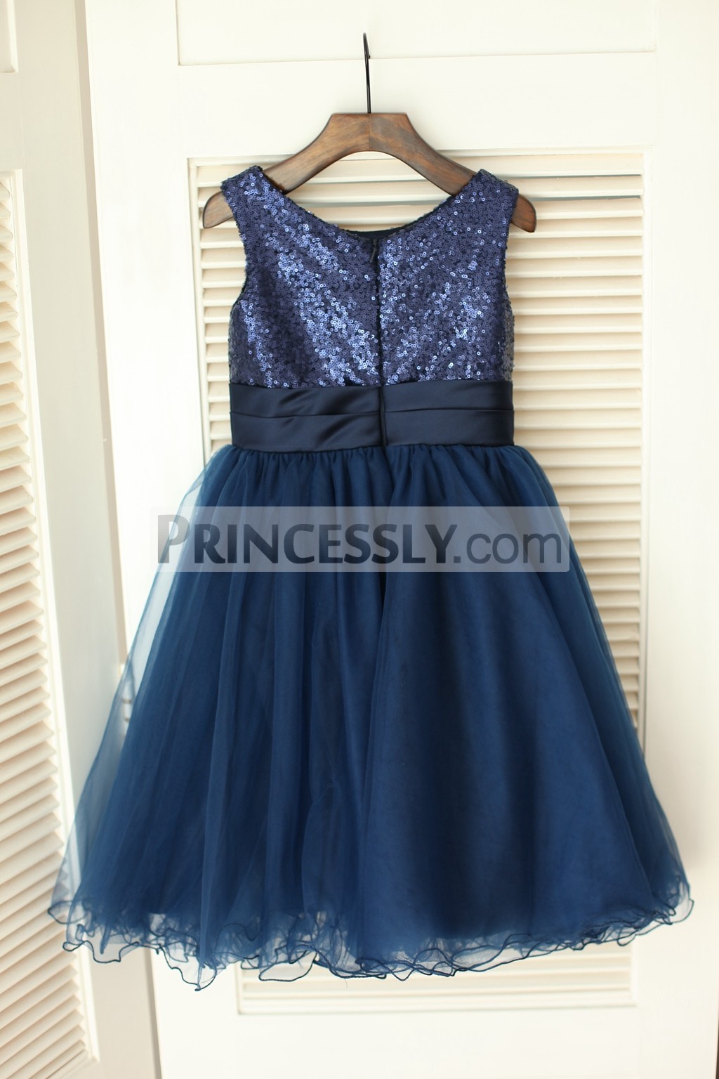 Navy Blue Sequins Pleated A-line Skirt Wedding Baby Girl Dress