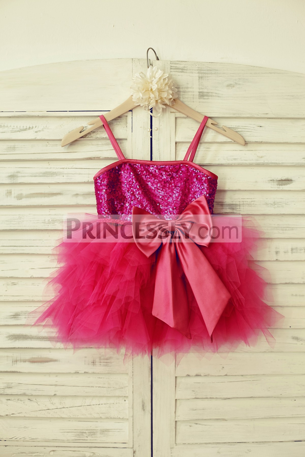 Red sequins spaghetti straps tulle flower girl dress with big bow