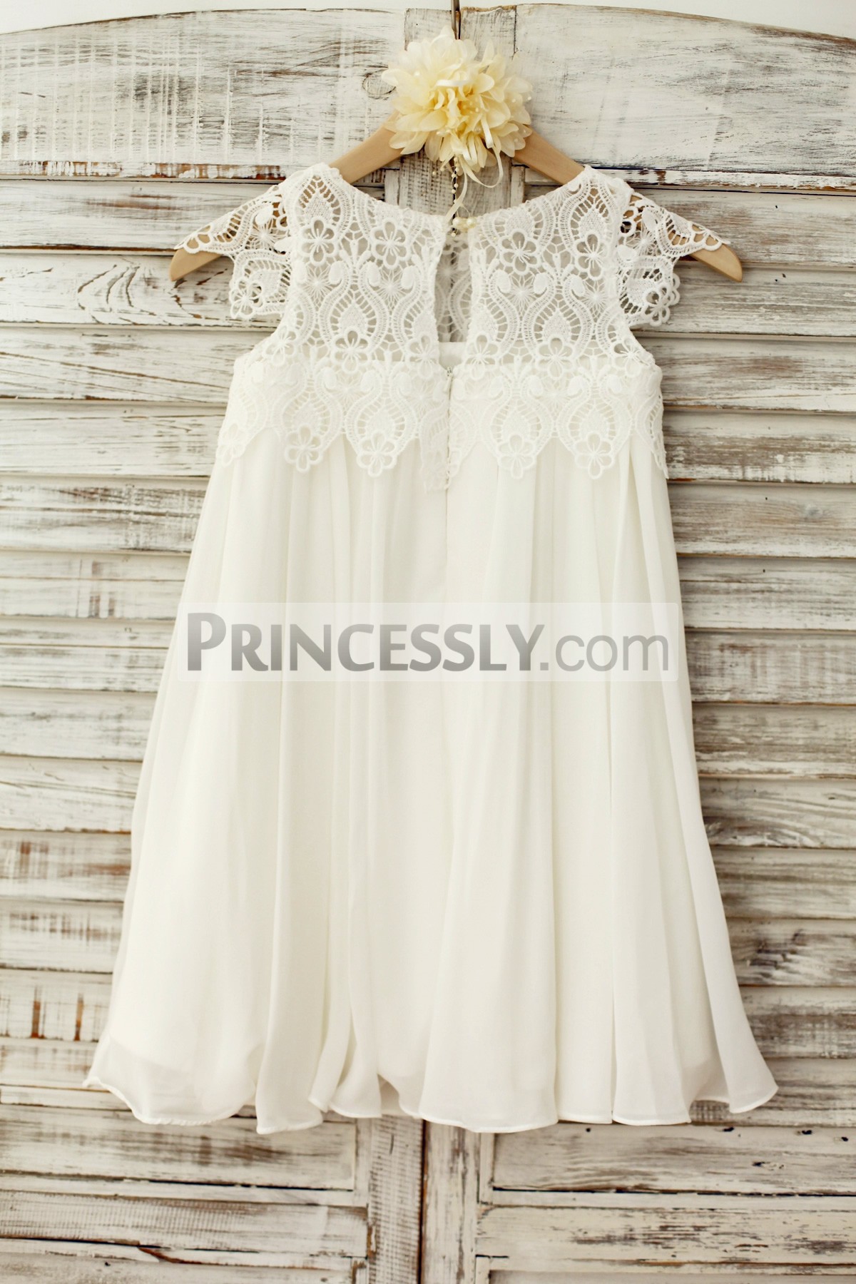 Ivory crochet lace pleated flower chiffon wedding baby girl dress
