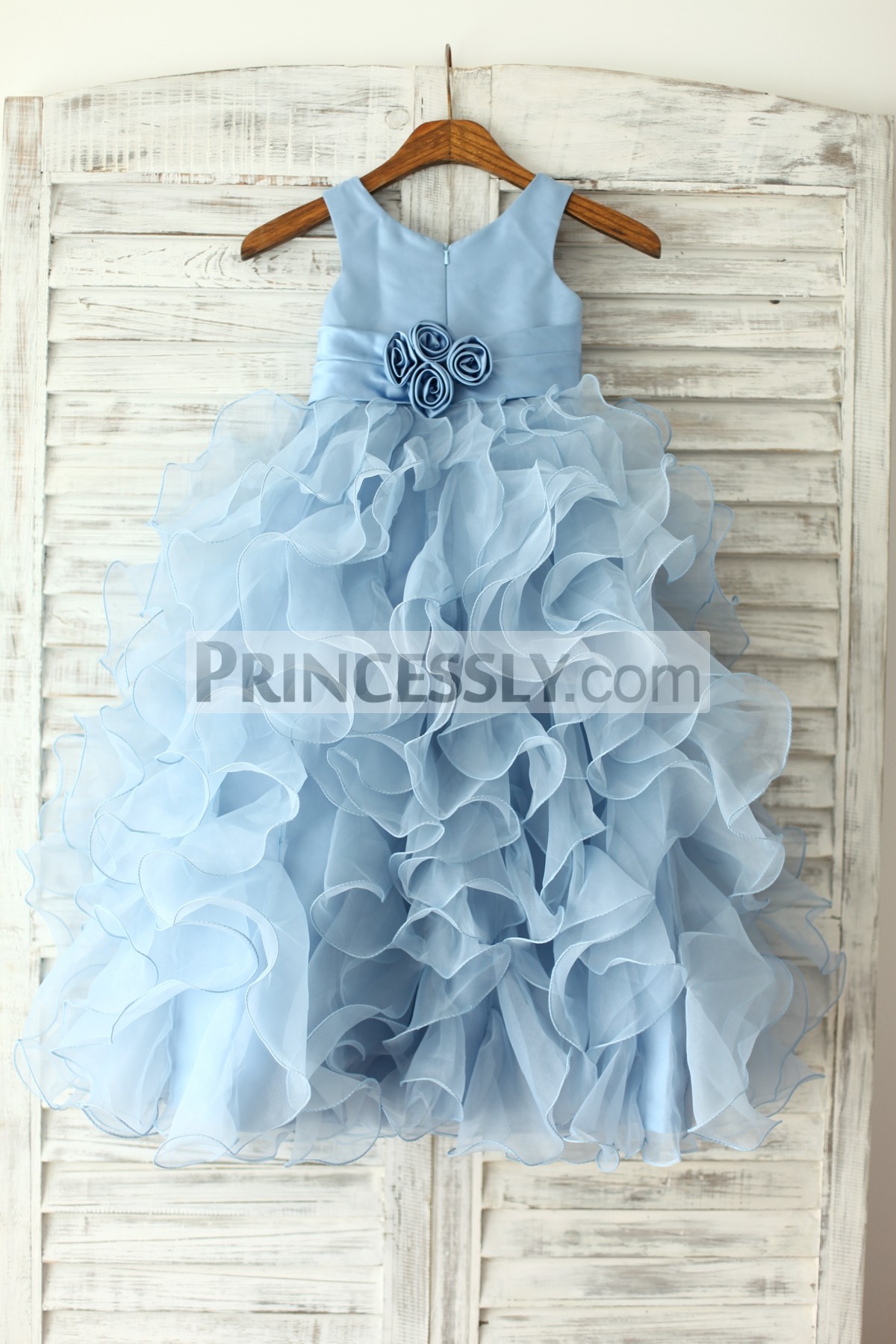 Blue satin ruffles organza wedding baby girl dress