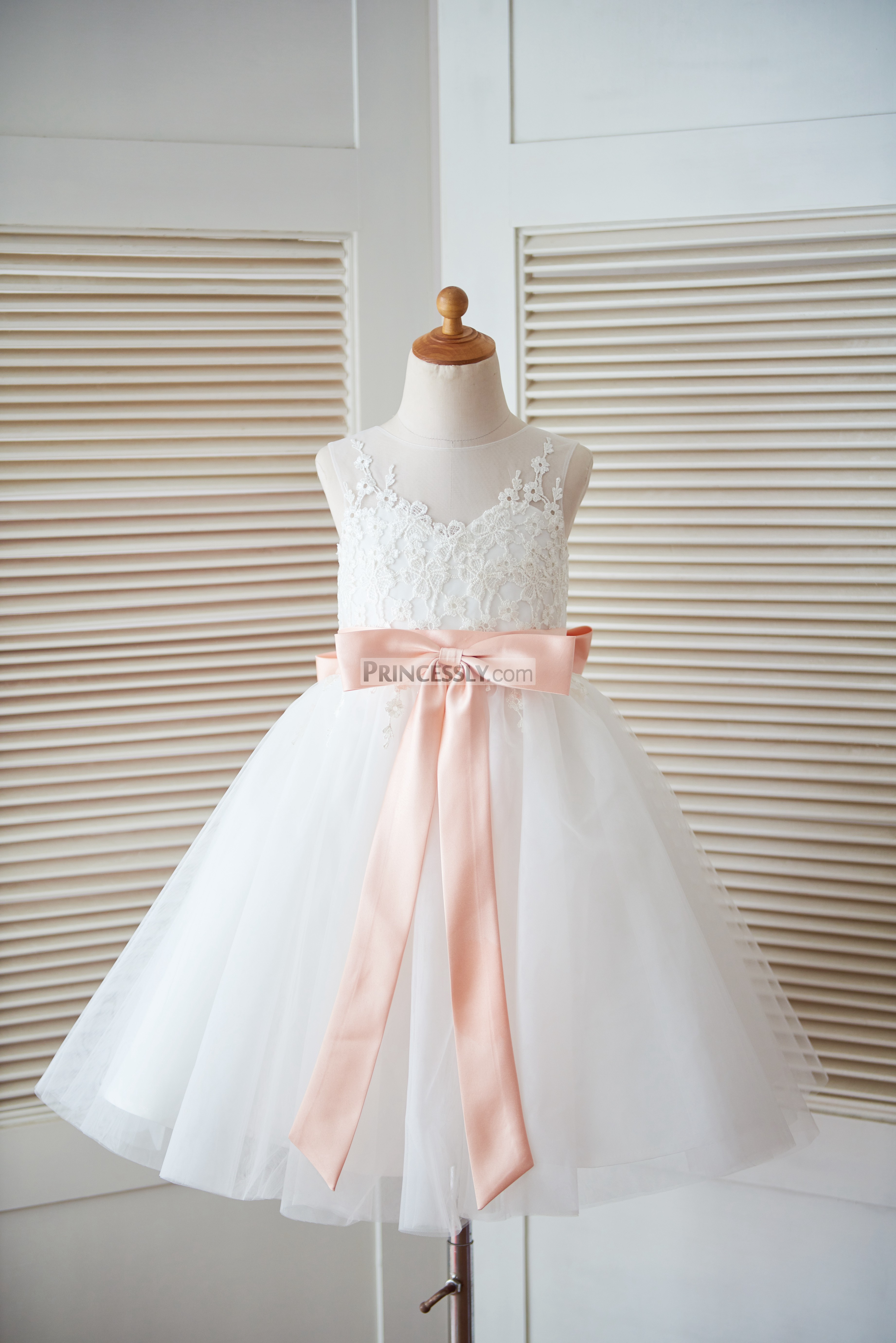  Ivory  Lace Tulle Keyhole Back Flower Girl Dress  with Blush  