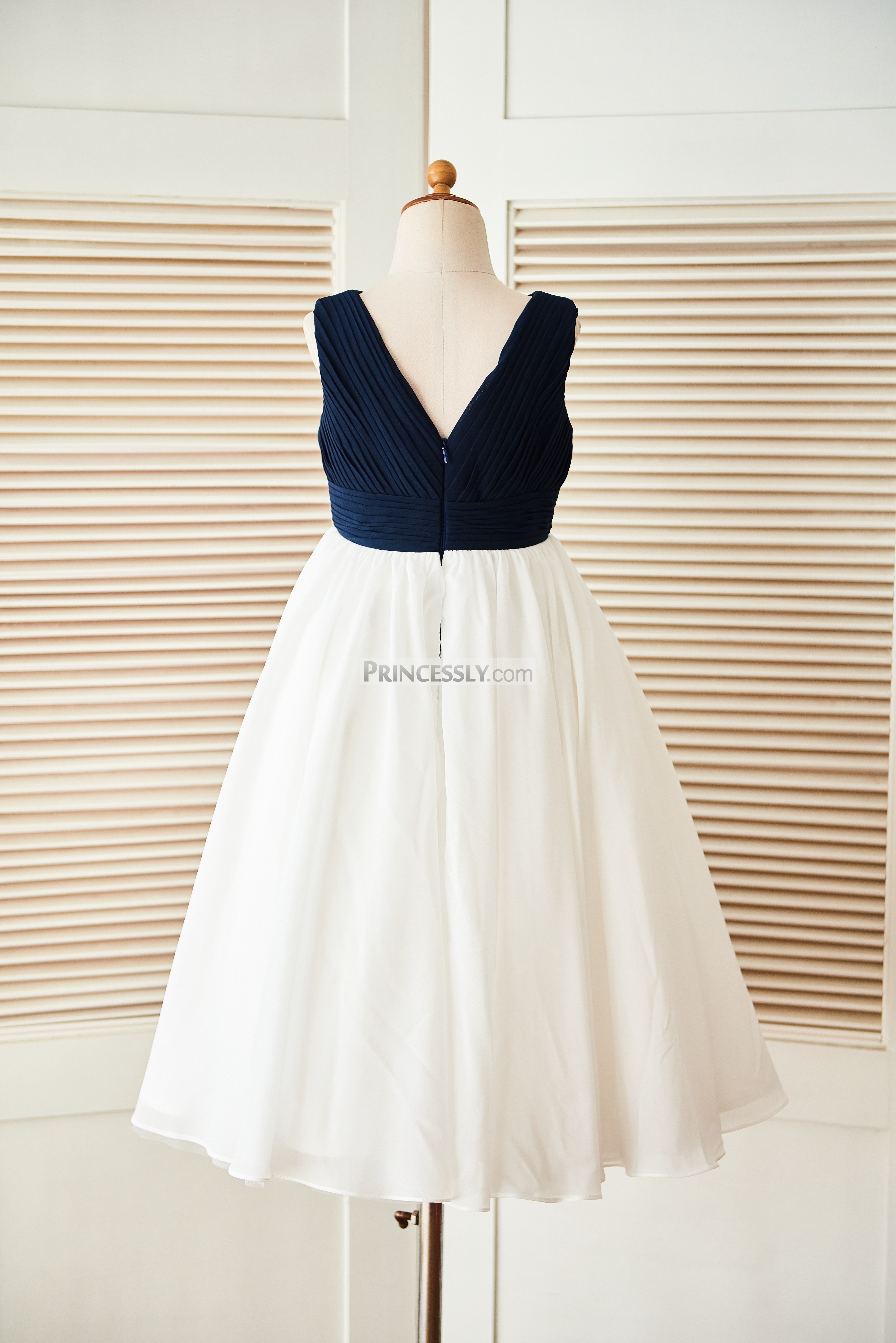 V neckline navy blue ivory chiffon beach wedding flower girl dress