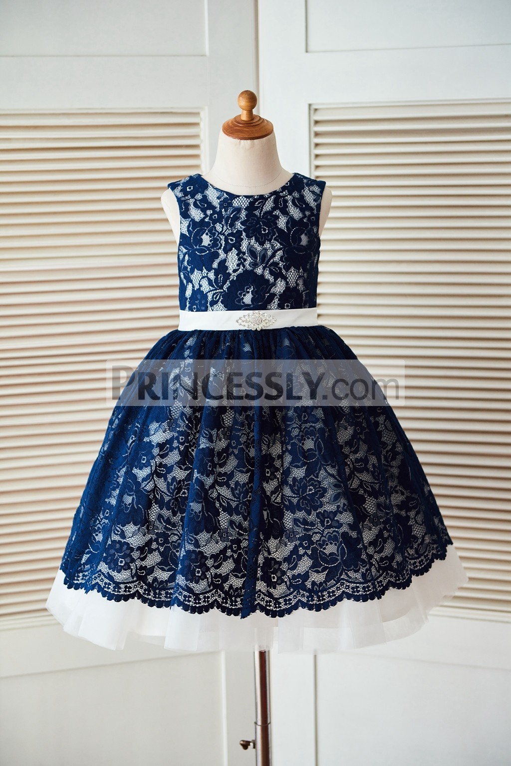Navy blue lace ivory tulle flower girl dress