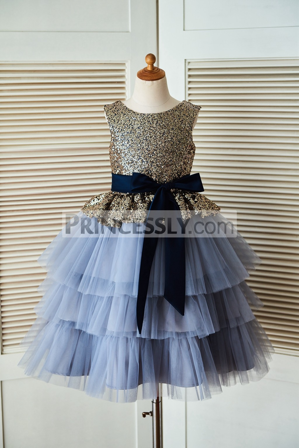 Gold sequin blue tulle flower girl dress with sash