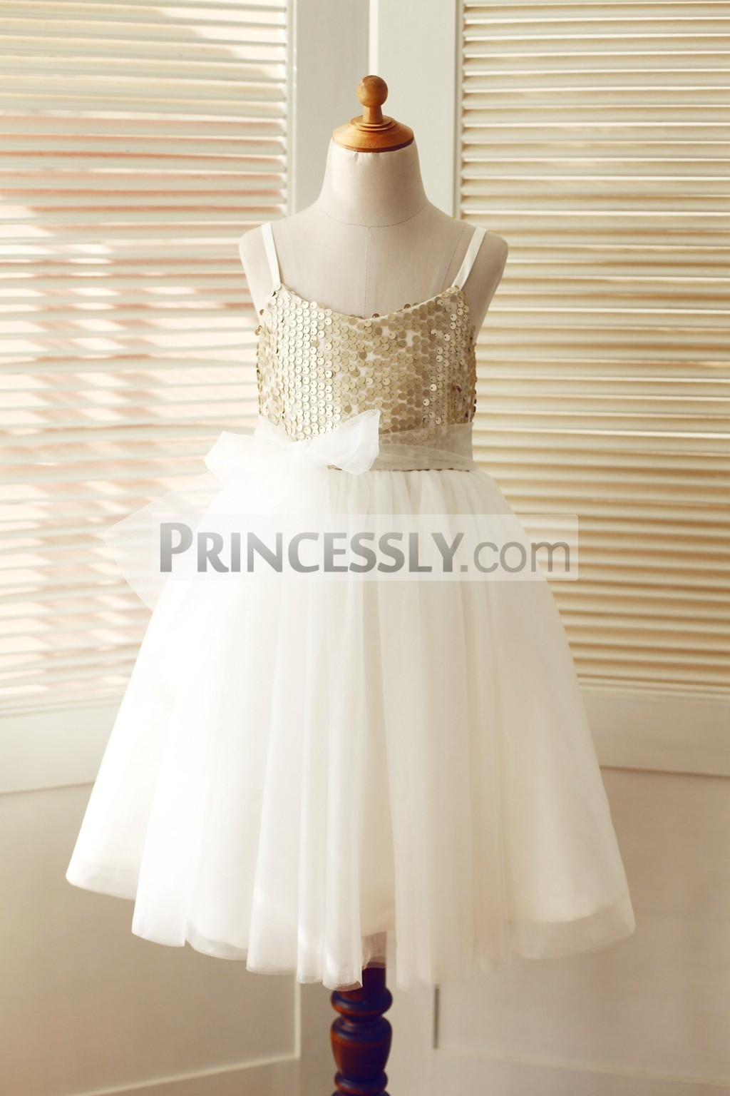 Thin straps champagne sequin ivory tulle flower girl dress