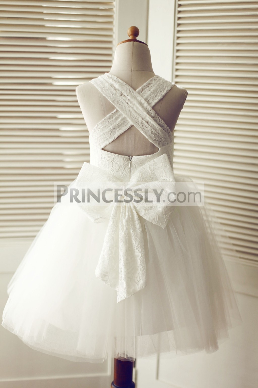 Cross Backless  Ivory Lace Tulle Wedding  Flower Girl Dress  