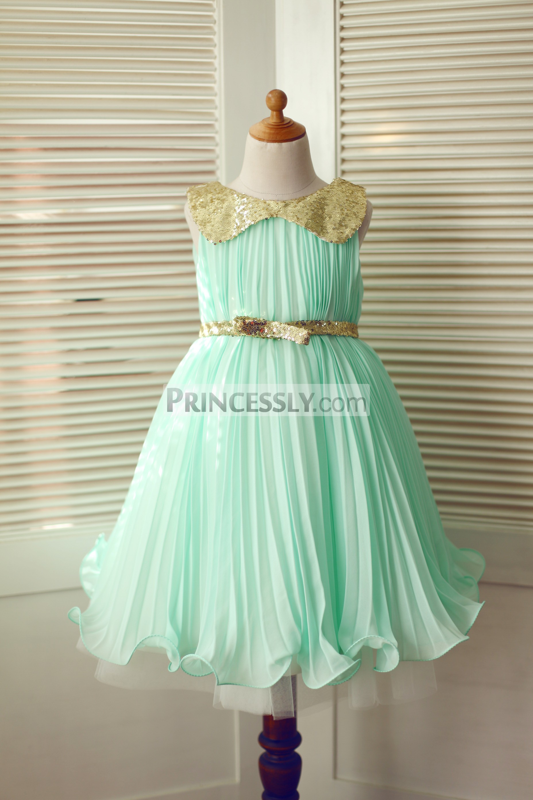 mint green and gold dress