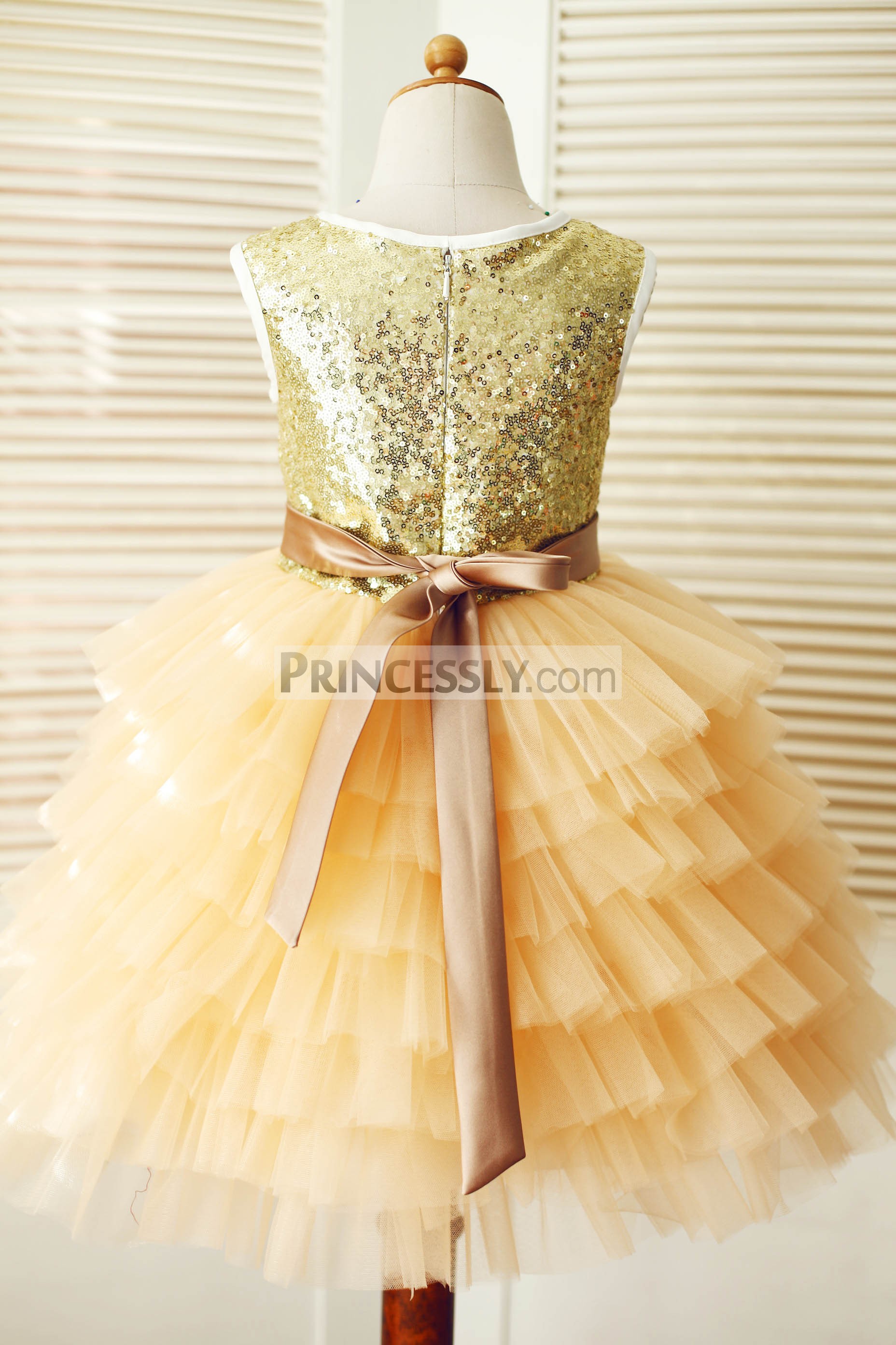 Gold sequins tulle skirt wedding baby girl dress with sash