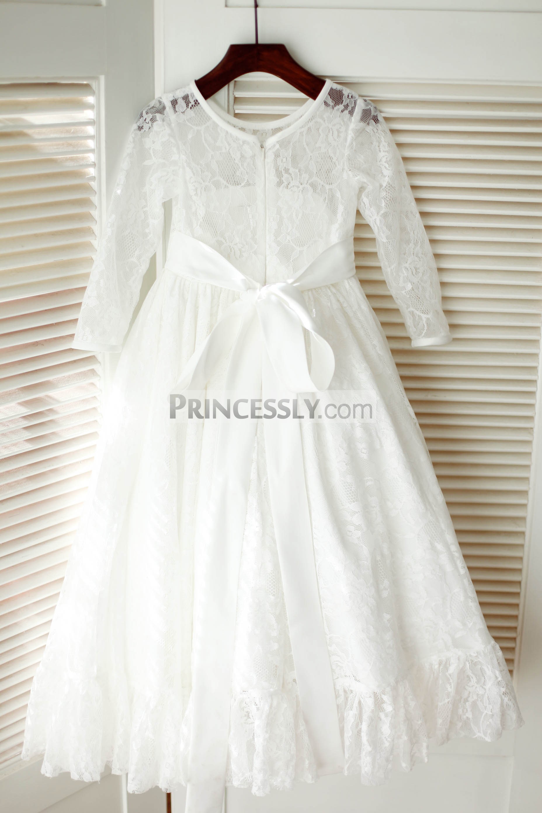 Fully lined zipper wedding baby girl dress with sash and flounce hem
