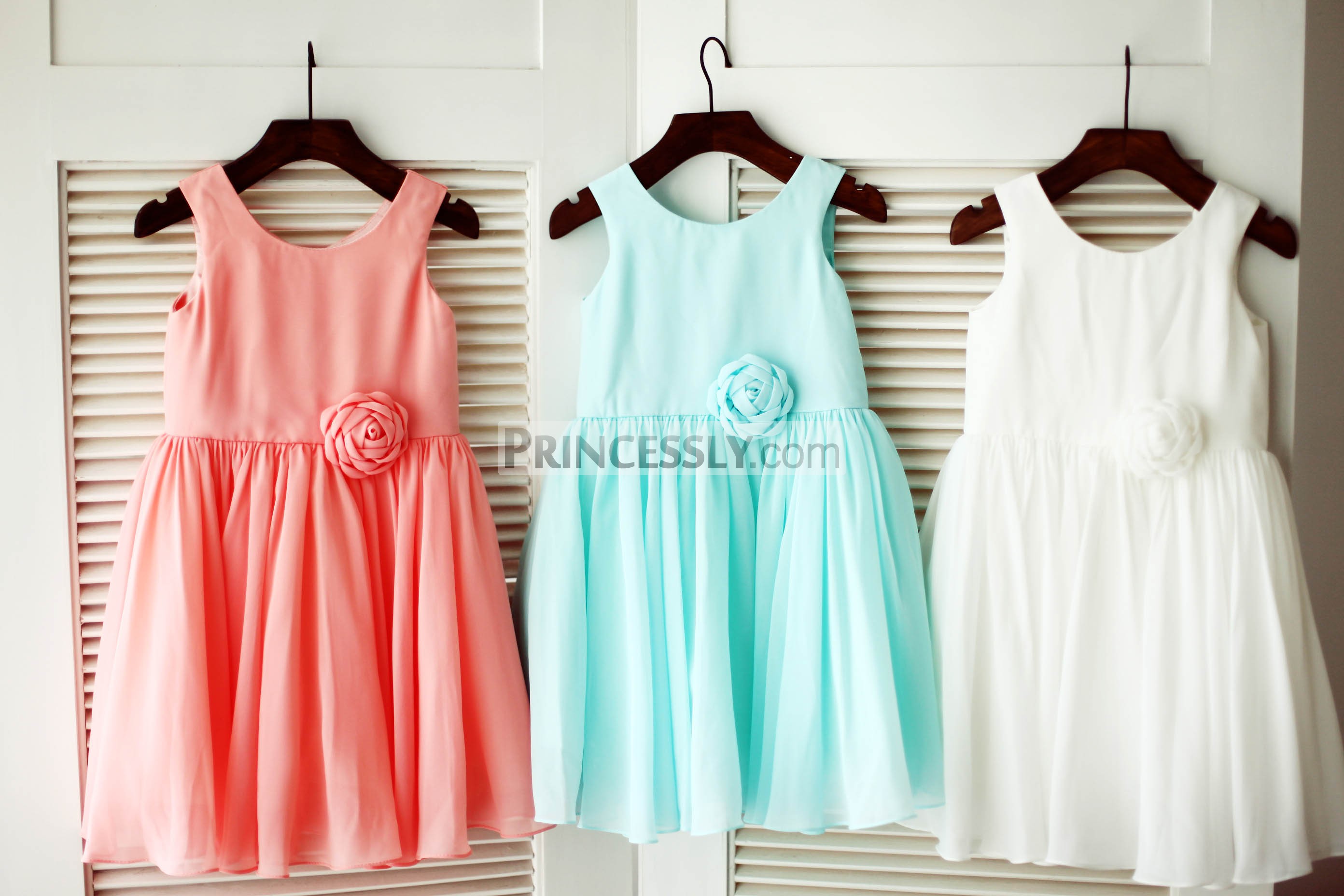 Chiffon wedding little girl dress in coral / mint blue / ivory color