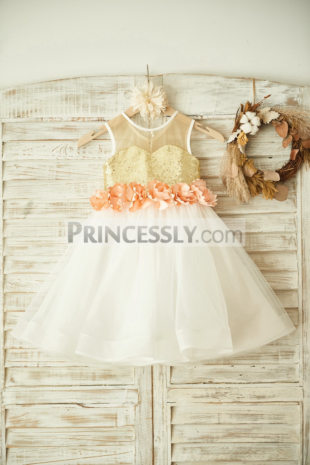 Sheer gold sequin flowers ivory tulle wedding baby girl dress