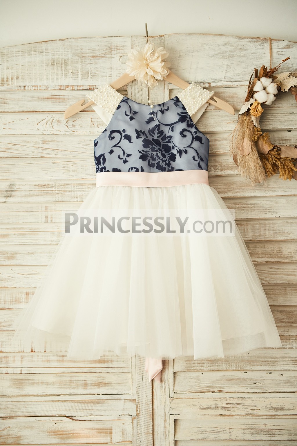 navy blue dress pink flowers