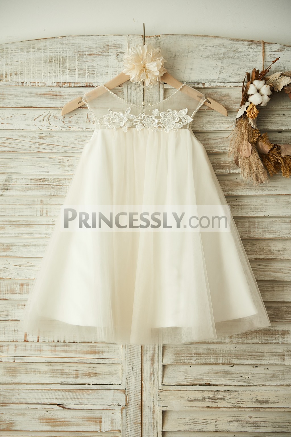 Sheer Neck Ivory Tulle A-line Flower Girl Dress with Pearls & Appliques