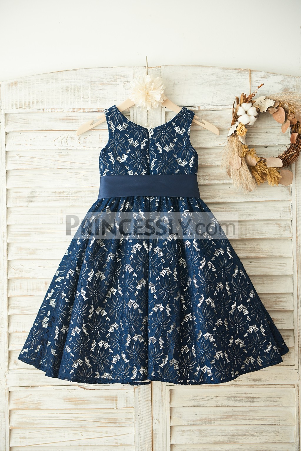 Navy Blue Lace Wedding Flower Girl Dress