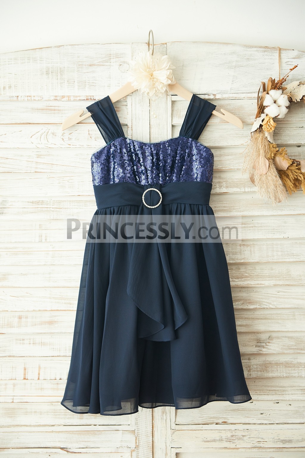 Boho Navy Blue Sequins Chiffon Overlay Flower Girl Dress
