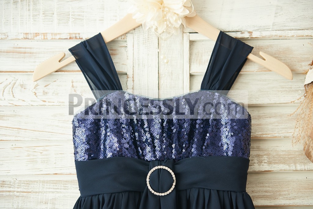 Navy Blue Sequins Bodice with a Stripe Crystals Round Brooch