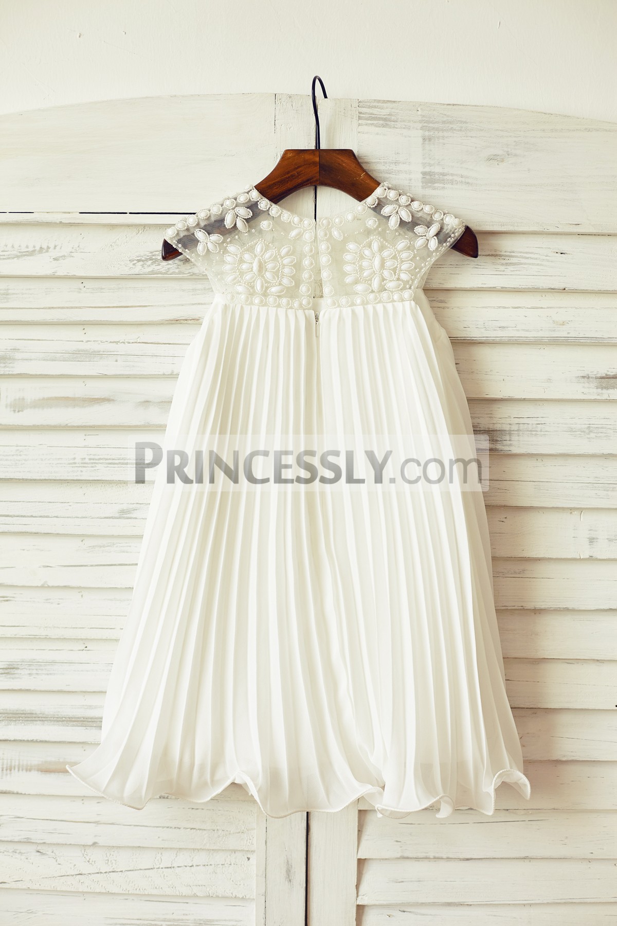 Beaded sheer tulle pleated ivory chiffon skirt with curly hem wedding little girl dress