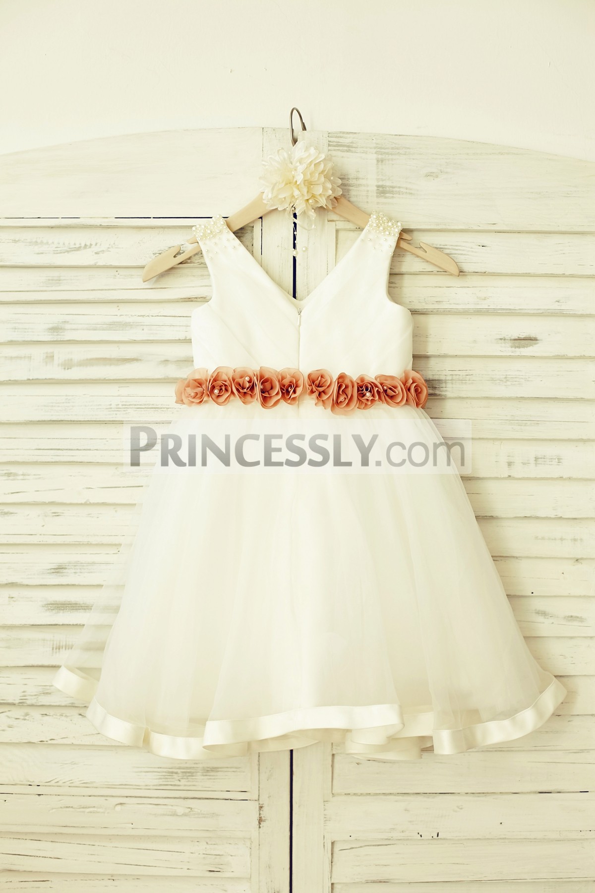 Peach flowers V neck sleeveless wedding baby girl dress
