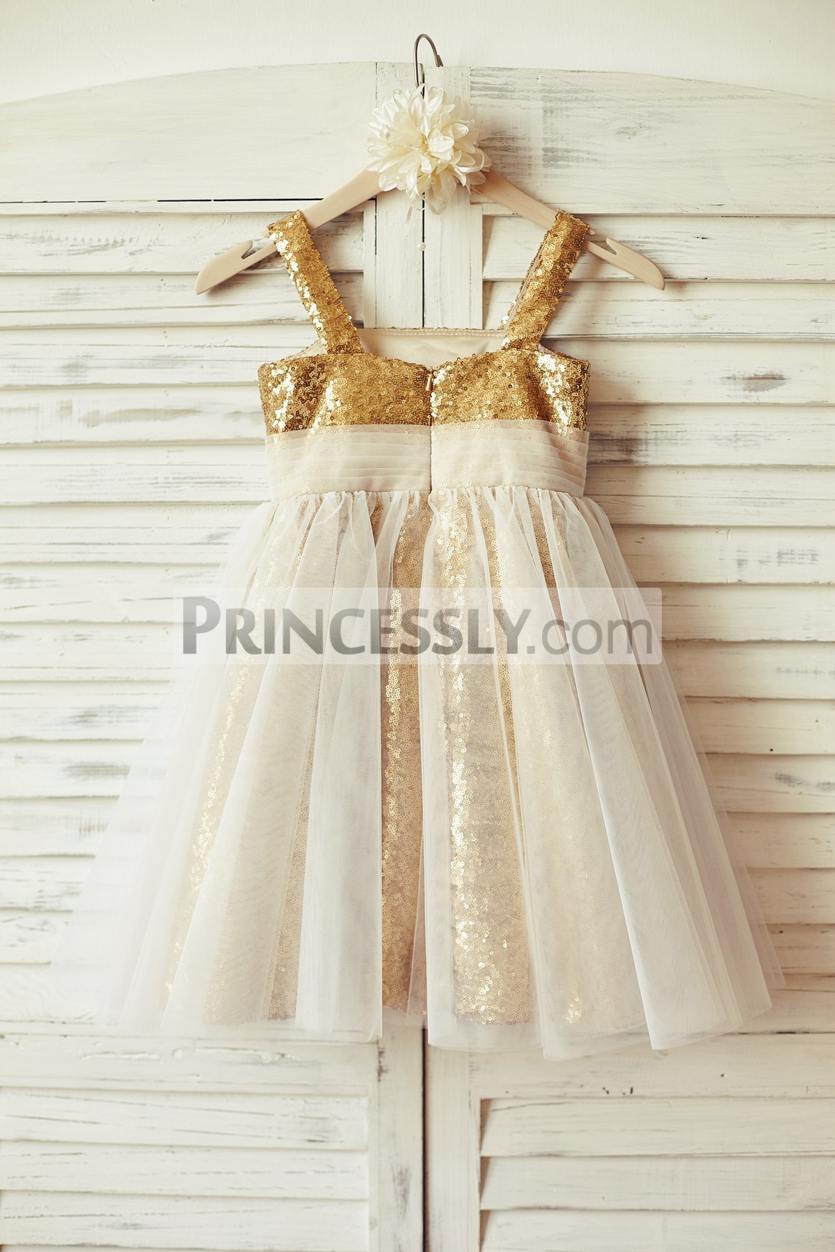 Gold sequin thin straps ivory tulle overlay wedding baby girl dress 