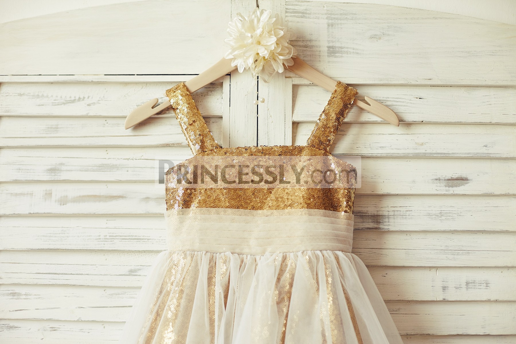 Gold sequined thin straps bodice with pleated tulle belt