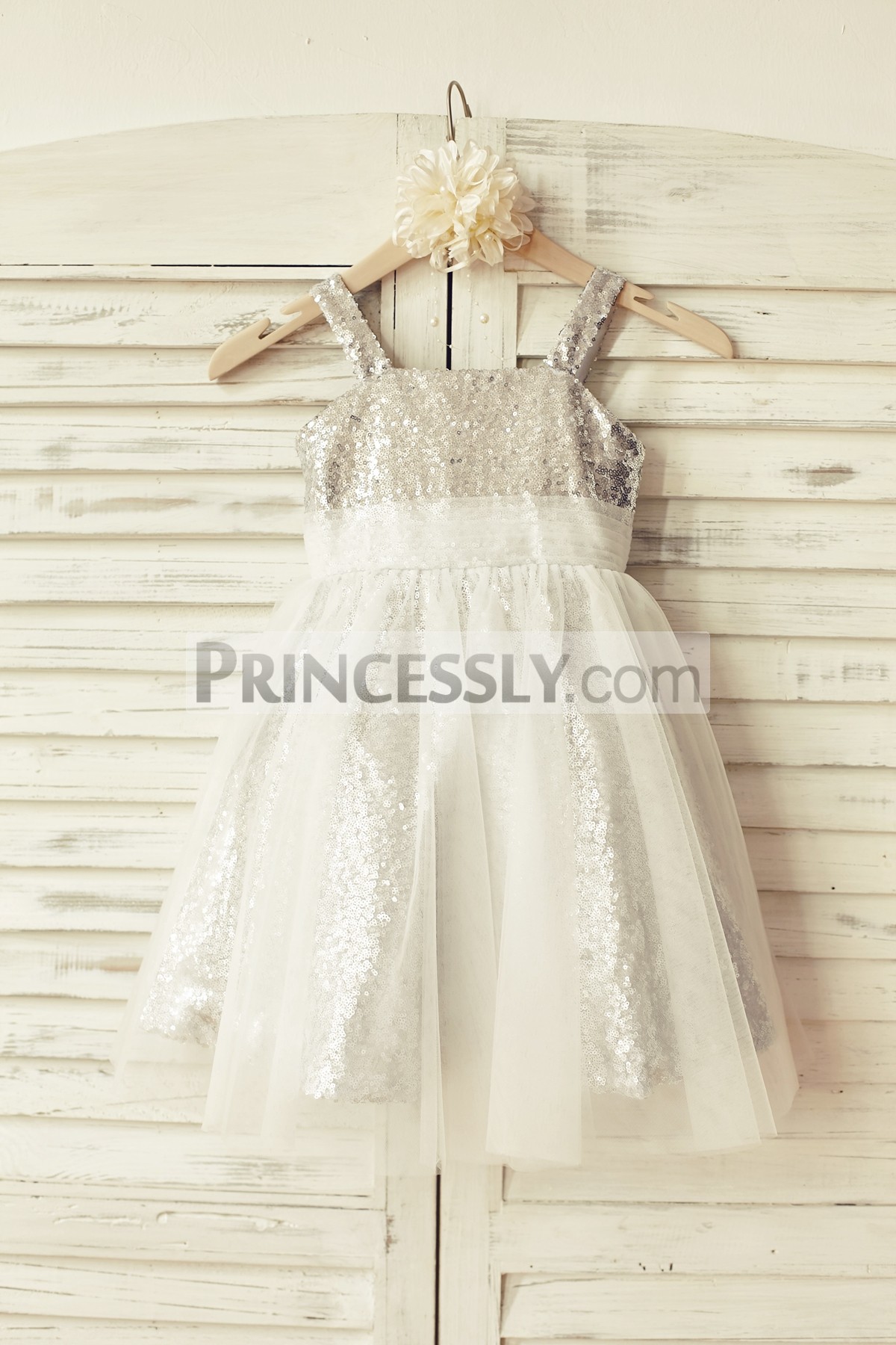 Gray sequins ivory tulle overlay wedding flower girl dress