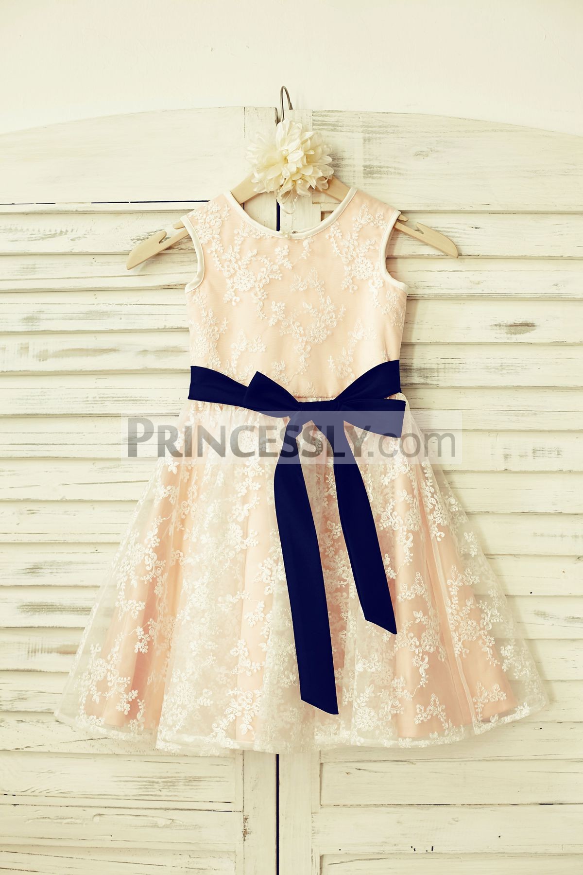 Blush pink lining sheer lace flower girl dress