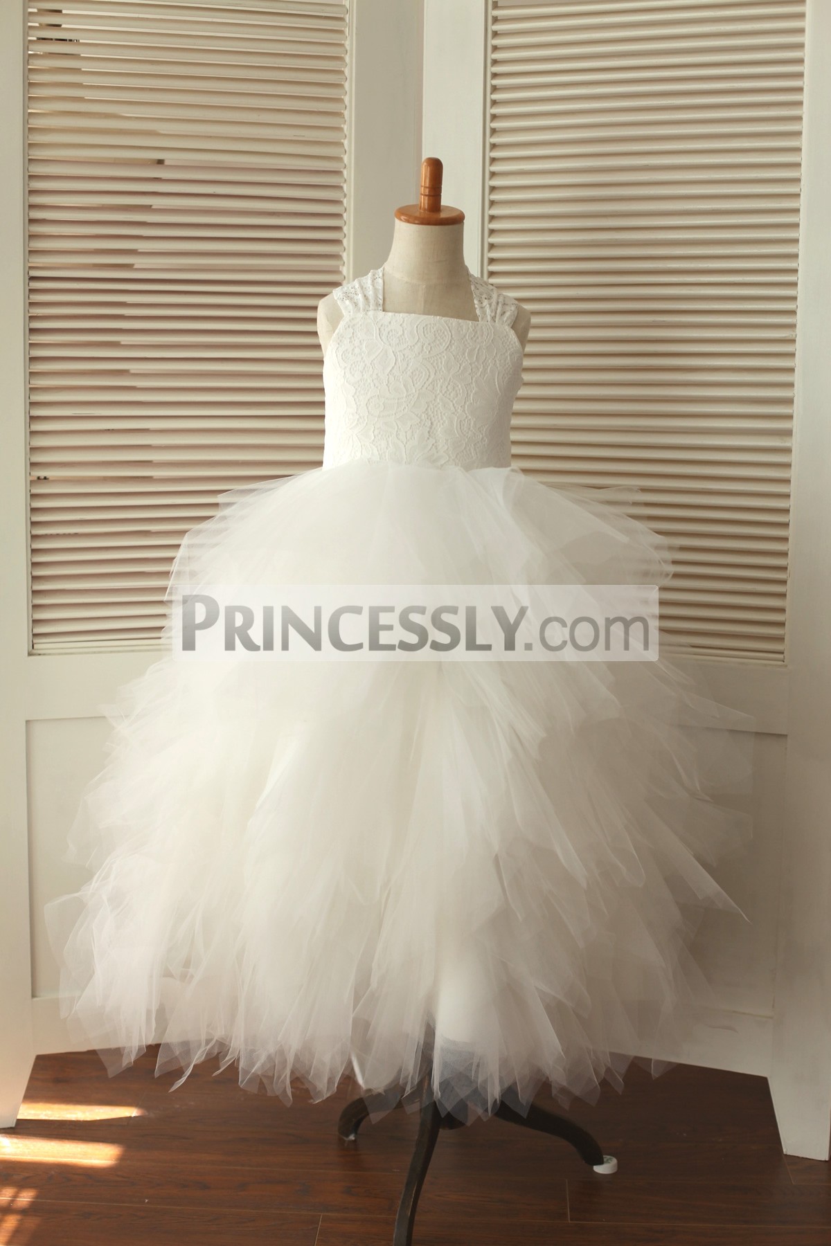 Ivory lace feathered tulle flower girl dress