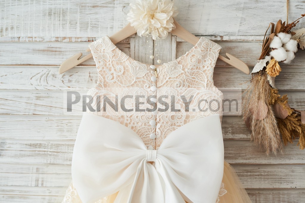Ivory organza bow and cloth buttons zippered back