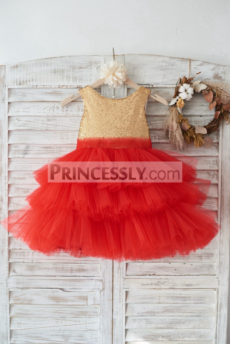 Scoop neck sleeveless gold sequin red tulle cupcake wedding baby girl dress