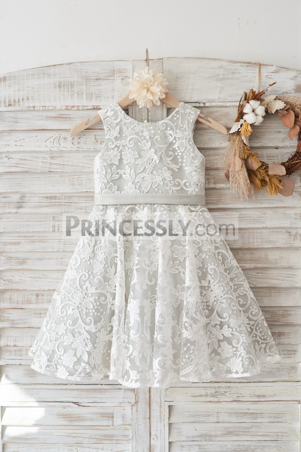 Ivory lace silver lining flower girl dress