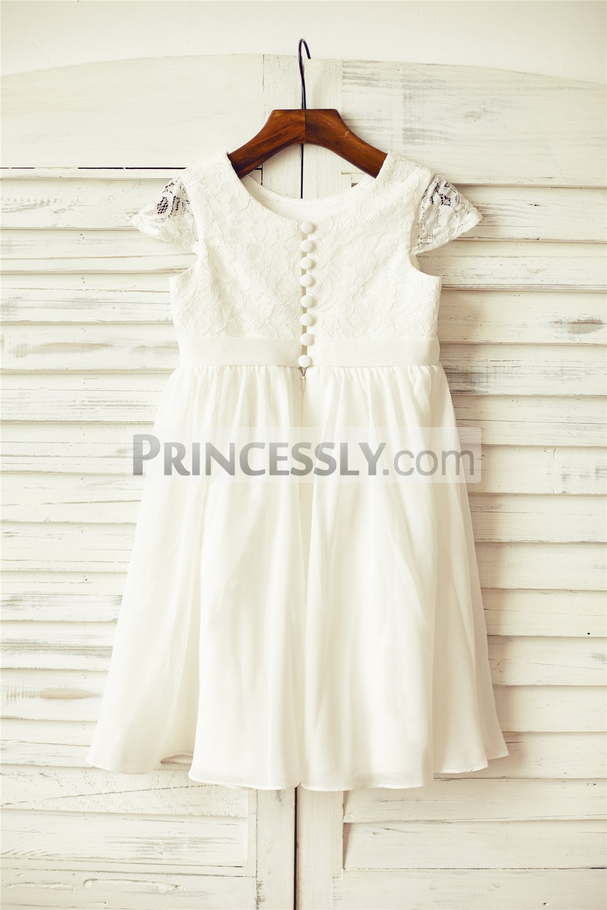 Ivory lace chiffon wedding baby girl dress with covered buttons