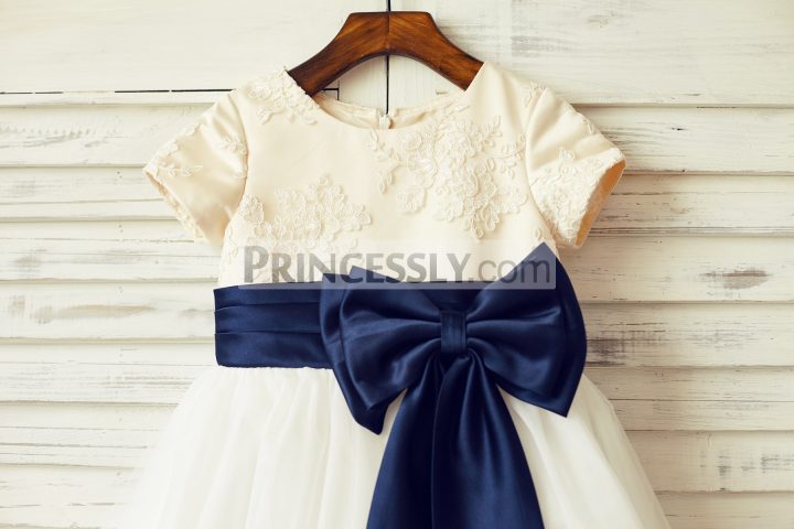 Short Sleeves Ivory lace Tulle Flower Girl Dress with Navy Blue Belt ...