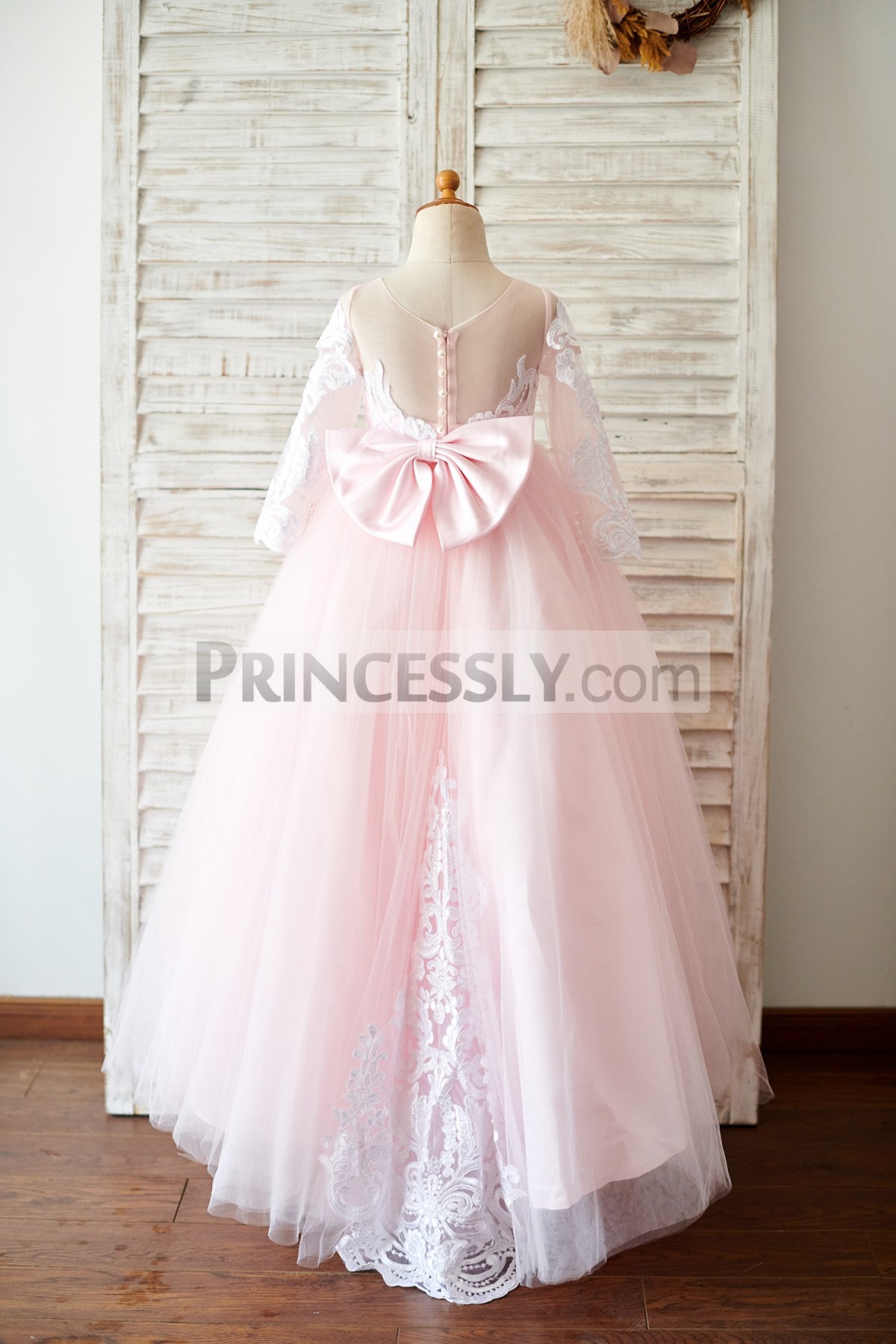 Sheer Back Pearled Flower Girl Dress with Lace Train