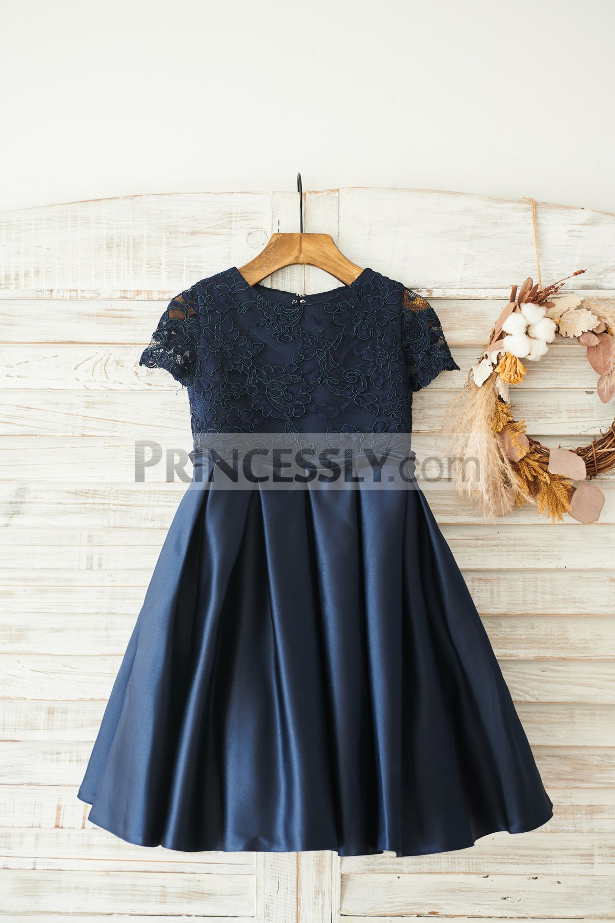 Navy Blue Lace Satin Wedding Baby Girl Dress