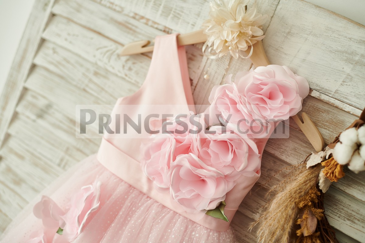 Sleeveless Pink Satin Bodice with 3D Flowers & Fixed Belt