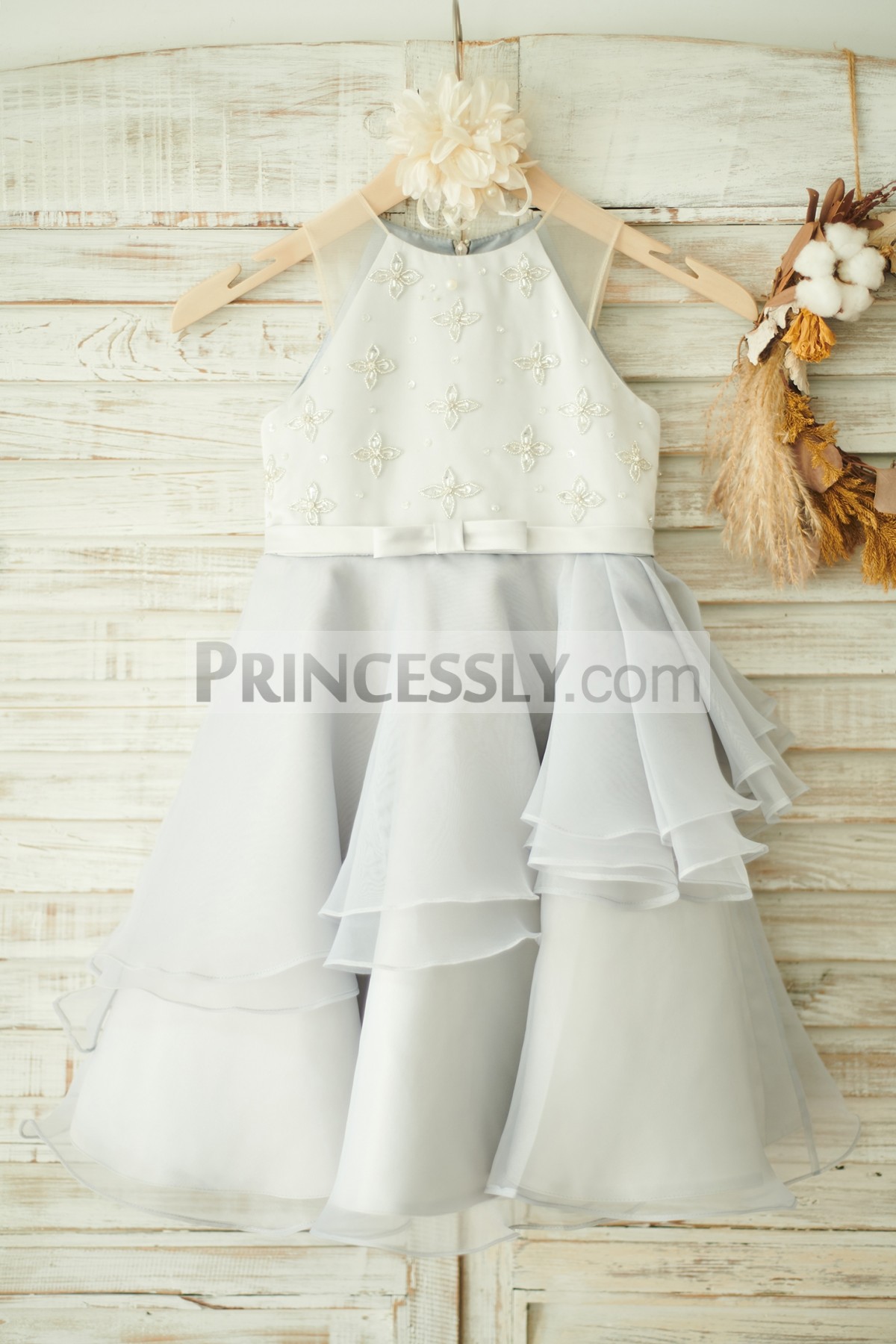 Ivory Satin Grey Organza Wedding Flower Girl Dress