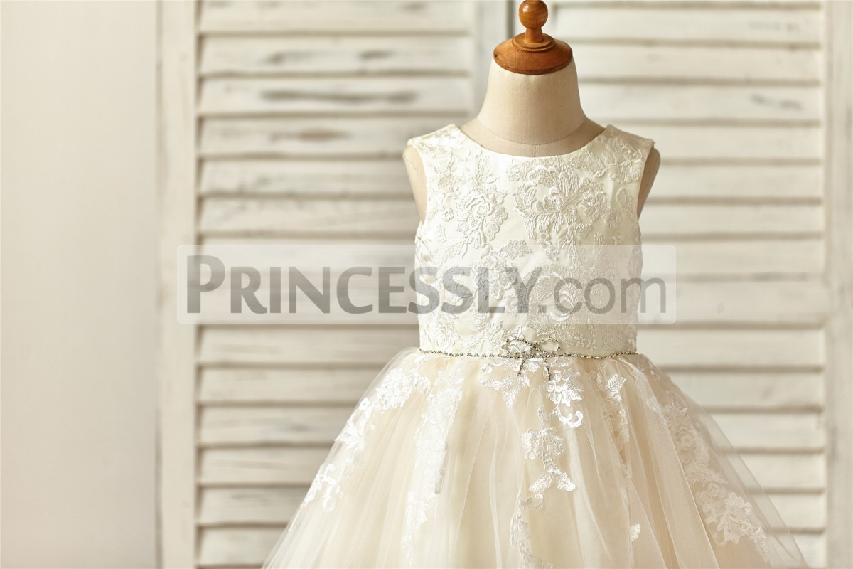 Lace embroideries satin bodice with beaded belt