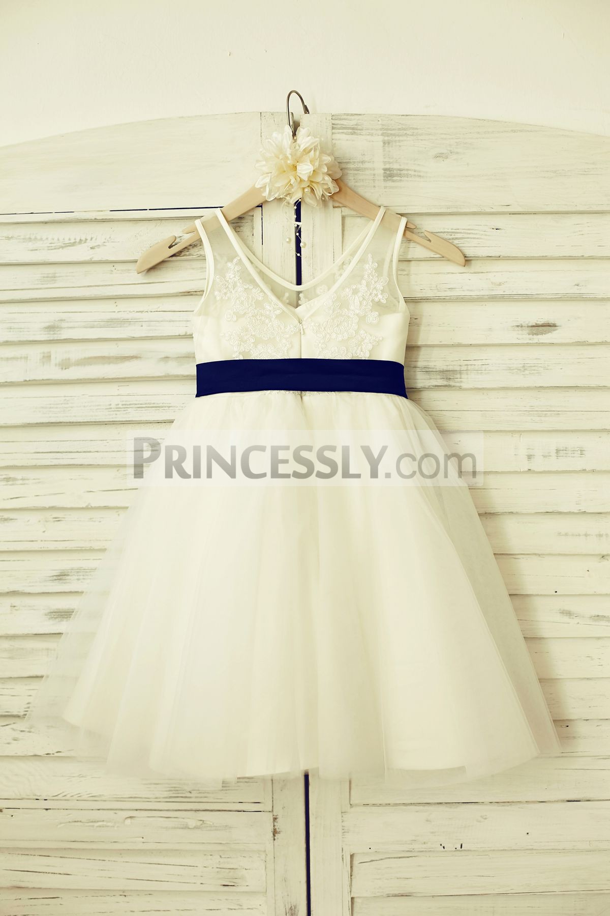 Princess ivory wedding baby girl dress with navy blue sash