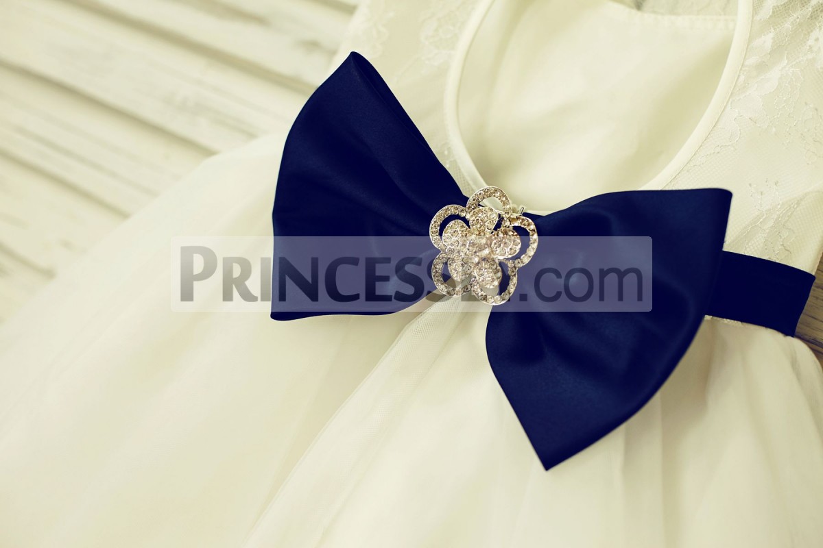 A navy blue bow with brooch