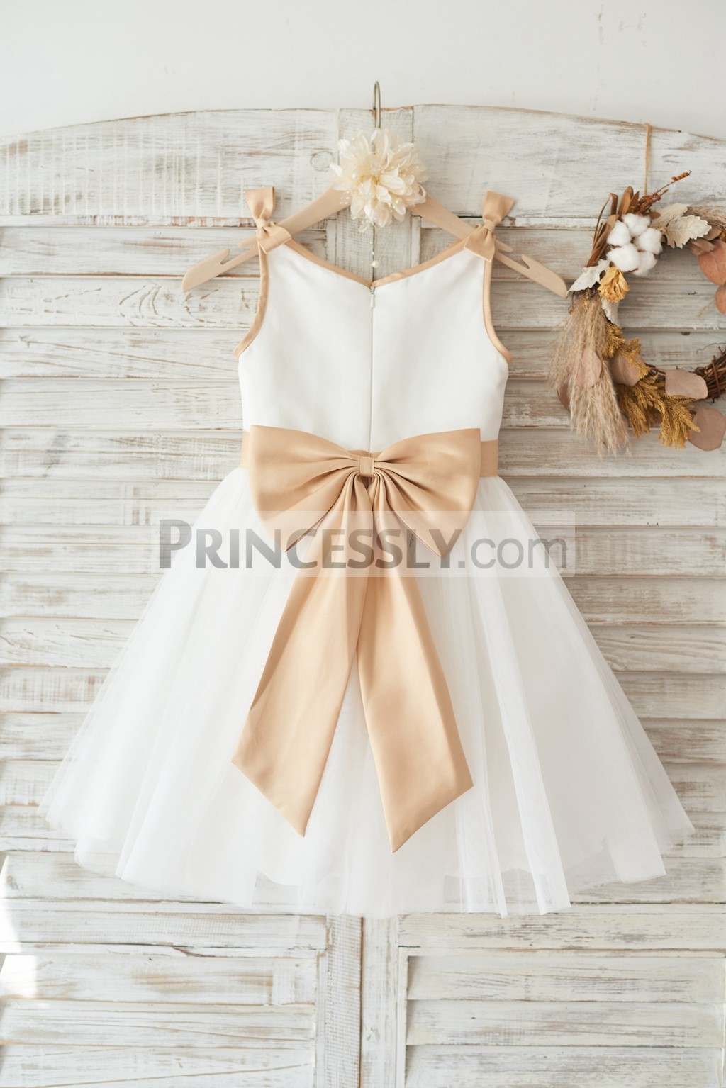 Ivory wedding baby girl dress with champagne satin edge / belt/ bows