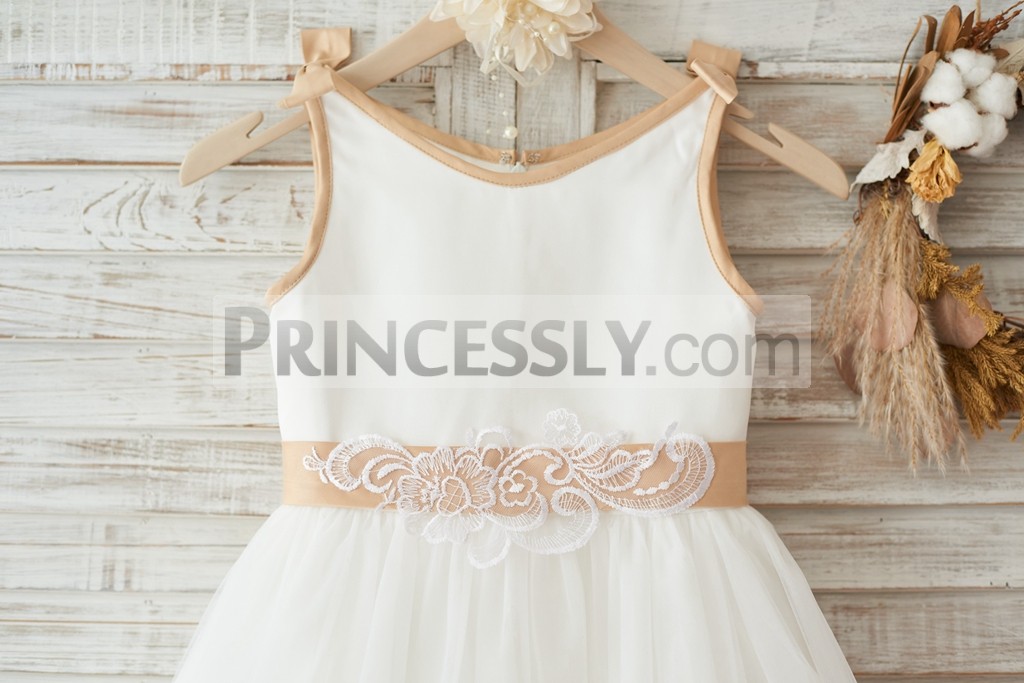 Ivory satin bodice with two small champagne bows on shoulder & fixed belt with lace 