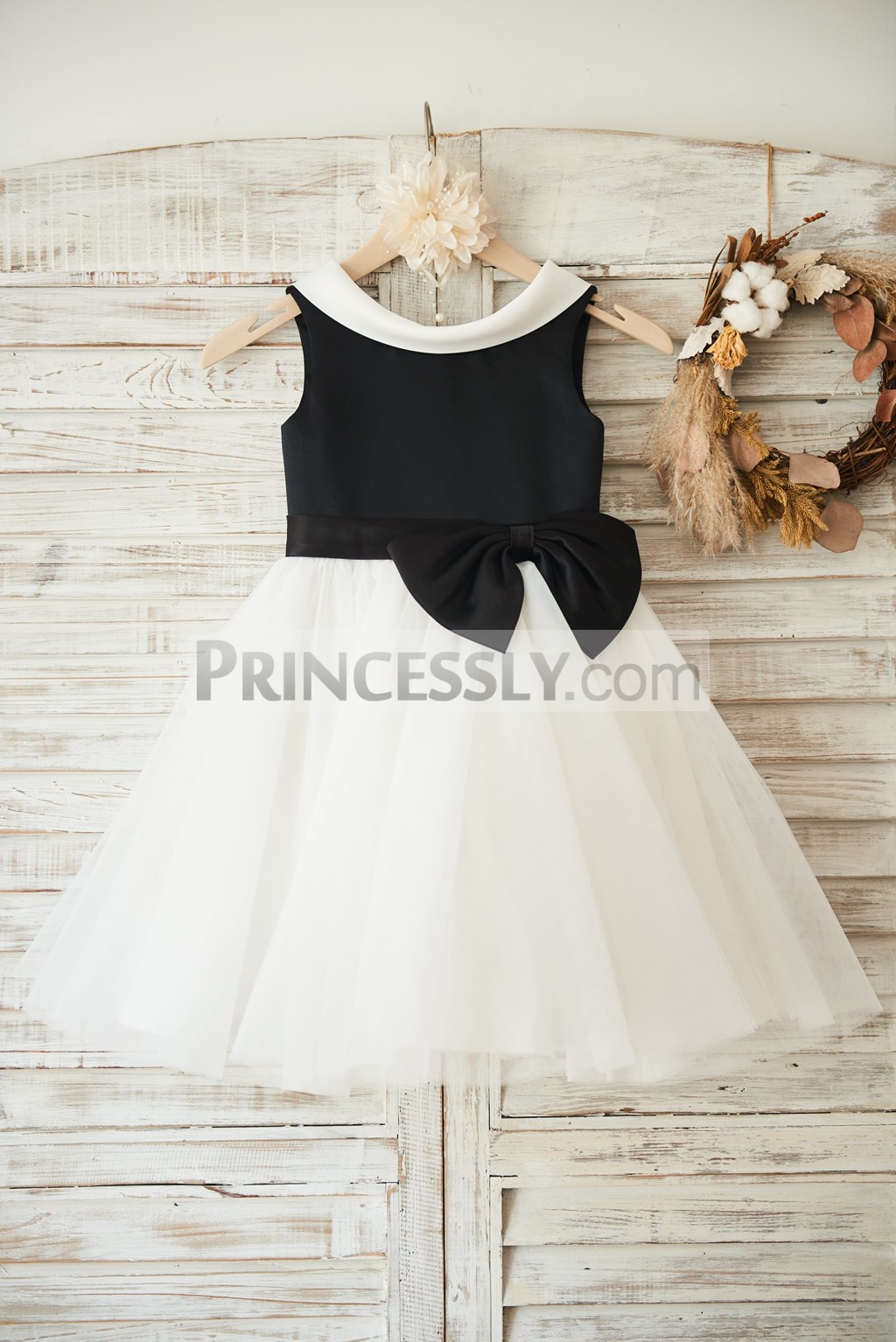 Black satin ivory tulle wedding little girl dress
