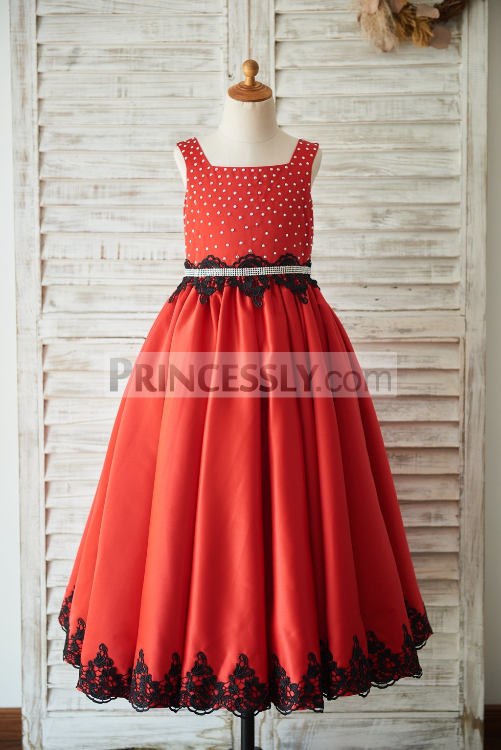 Square neck beaded pleated red satin wedding party flower girl dress