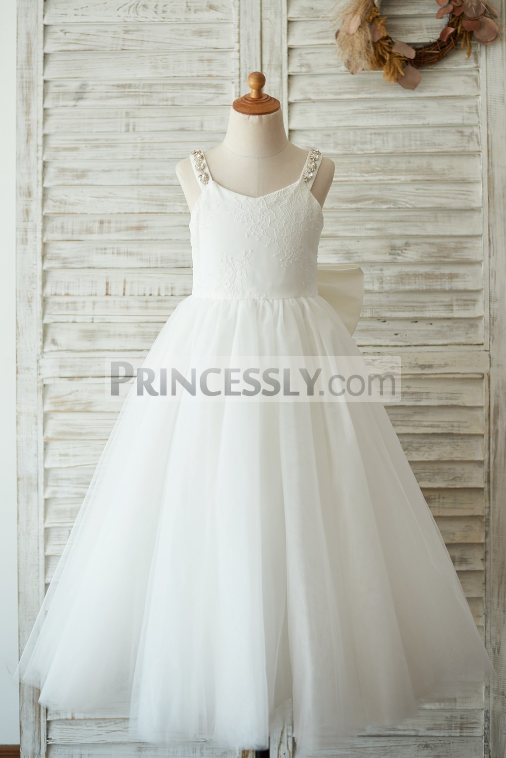 Ivory lace tulle long wedding flower girl gown