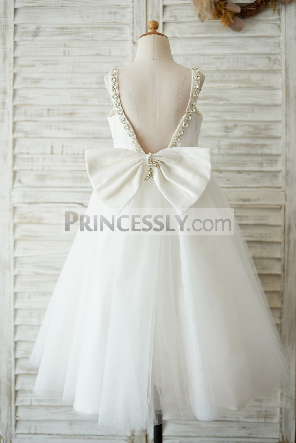 Open V back long wedding baby girl dress with a bow