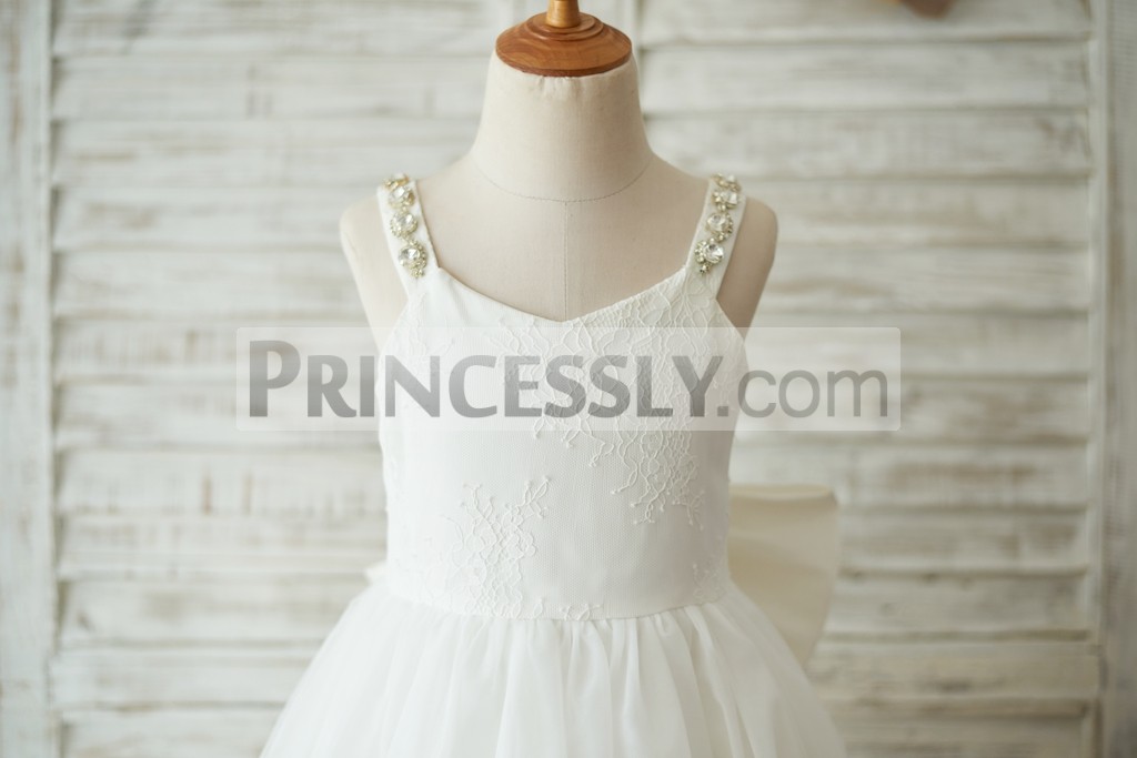Crystals along the shoulder straps ivory lace fitted bodice
